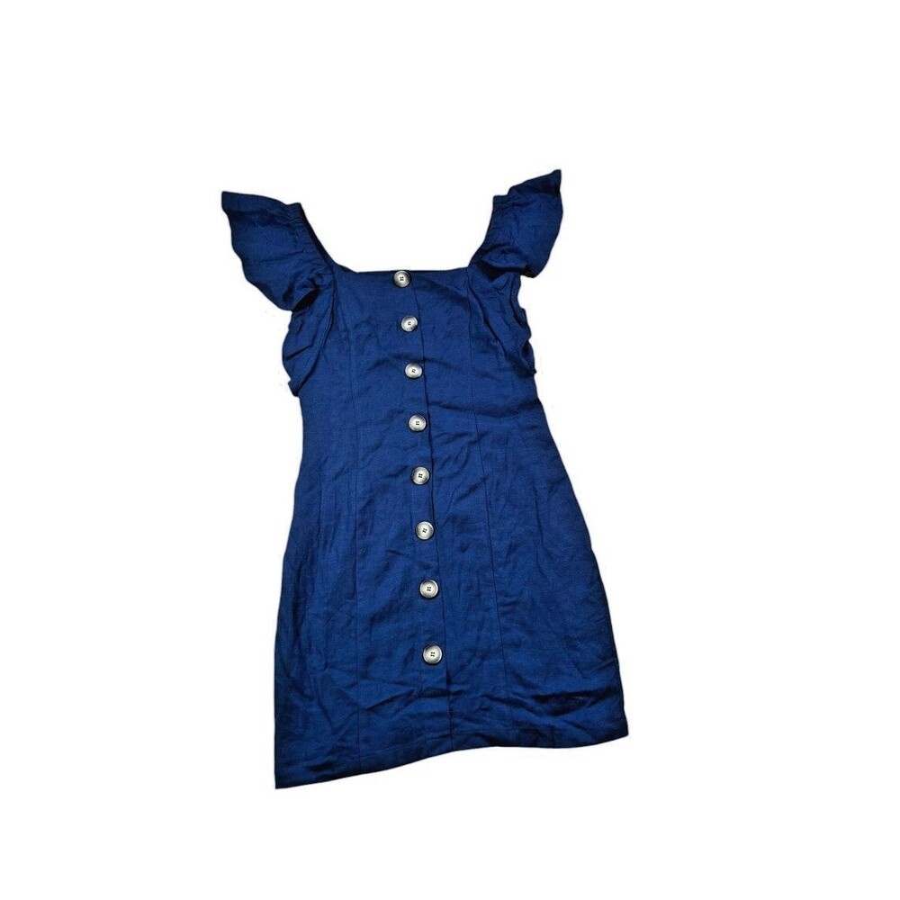 Lulus Amore and More Navy Blue Ruffled Button-Front Mini Dress Size Small Linen